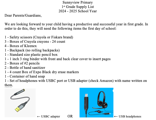 1st Grade Supply List 24-25 pt 1